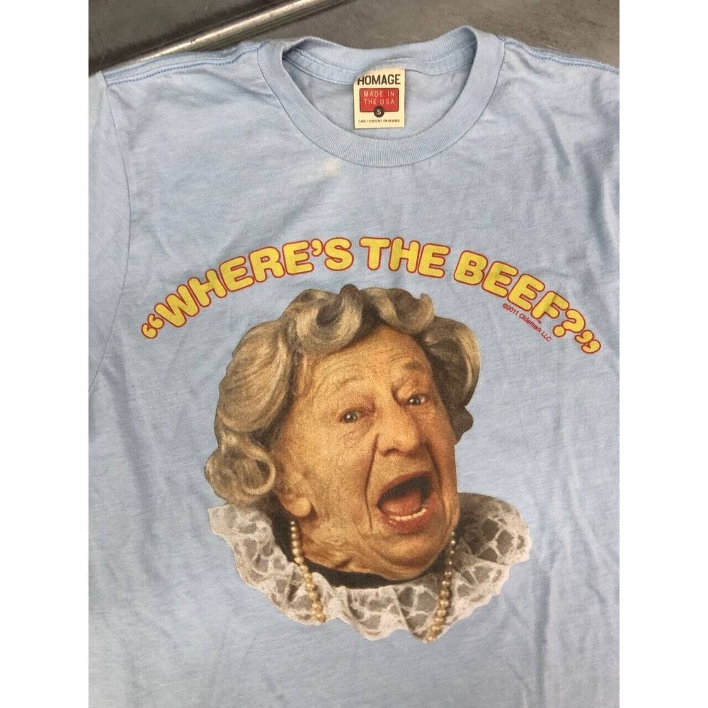 Homage‎ Where's The Beef Clara Peller Shirt Size Small Light Blue Wendy - Picture 2 of 8